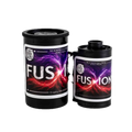 Black cylindrical film canisters with vibrant purple and red fusion design from flic film fusion 200 iso 35mm color negative film with impressive dynamic range and true-to-life natural colors