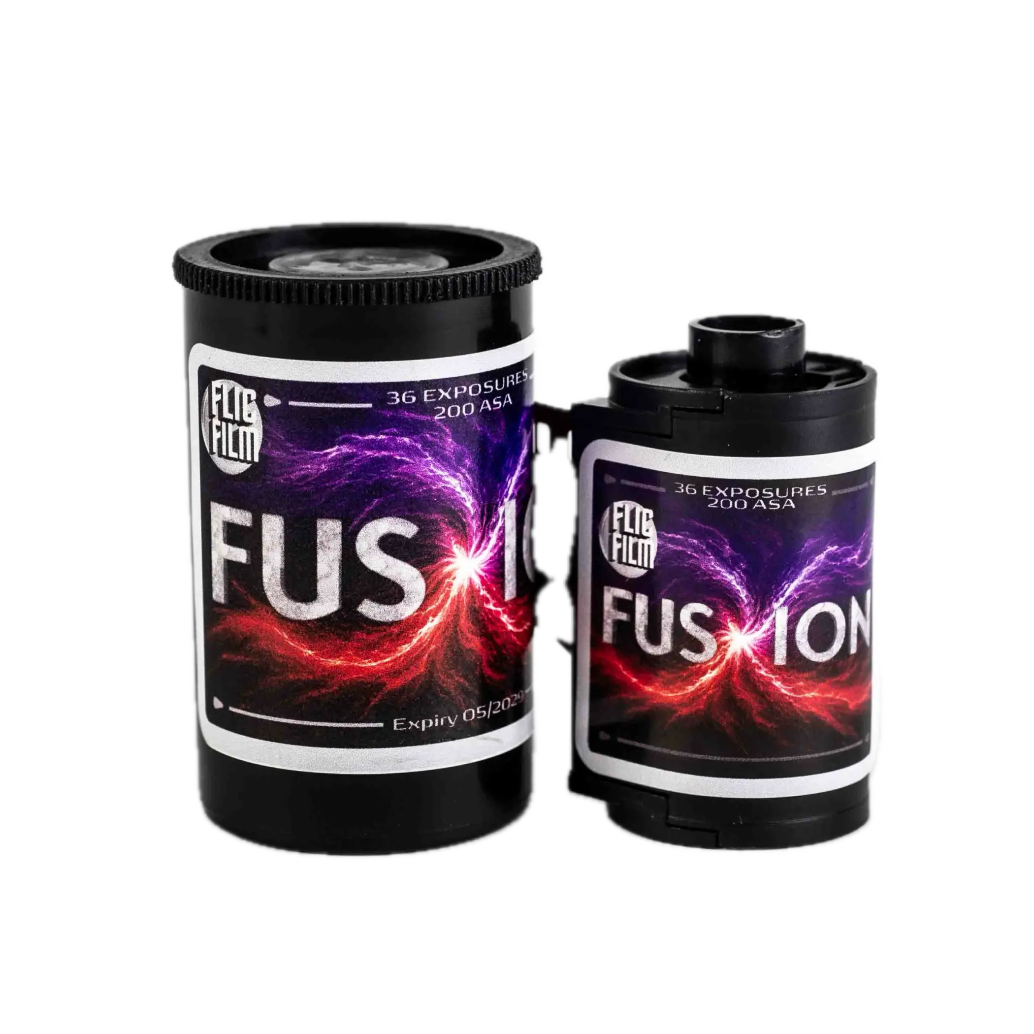 Black cylindrical film canisters with vibrant purple and red fusion design from flic film fusion 200 iso 35mm color negative film with impressive dynamic range and true-to-life natural colors