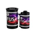 Black cylindrical film canisters with vibrant purple and red fusion design from flic film fusion 200 iso 35mm color negative film with impressive dynamic range and true-to-life natural colors