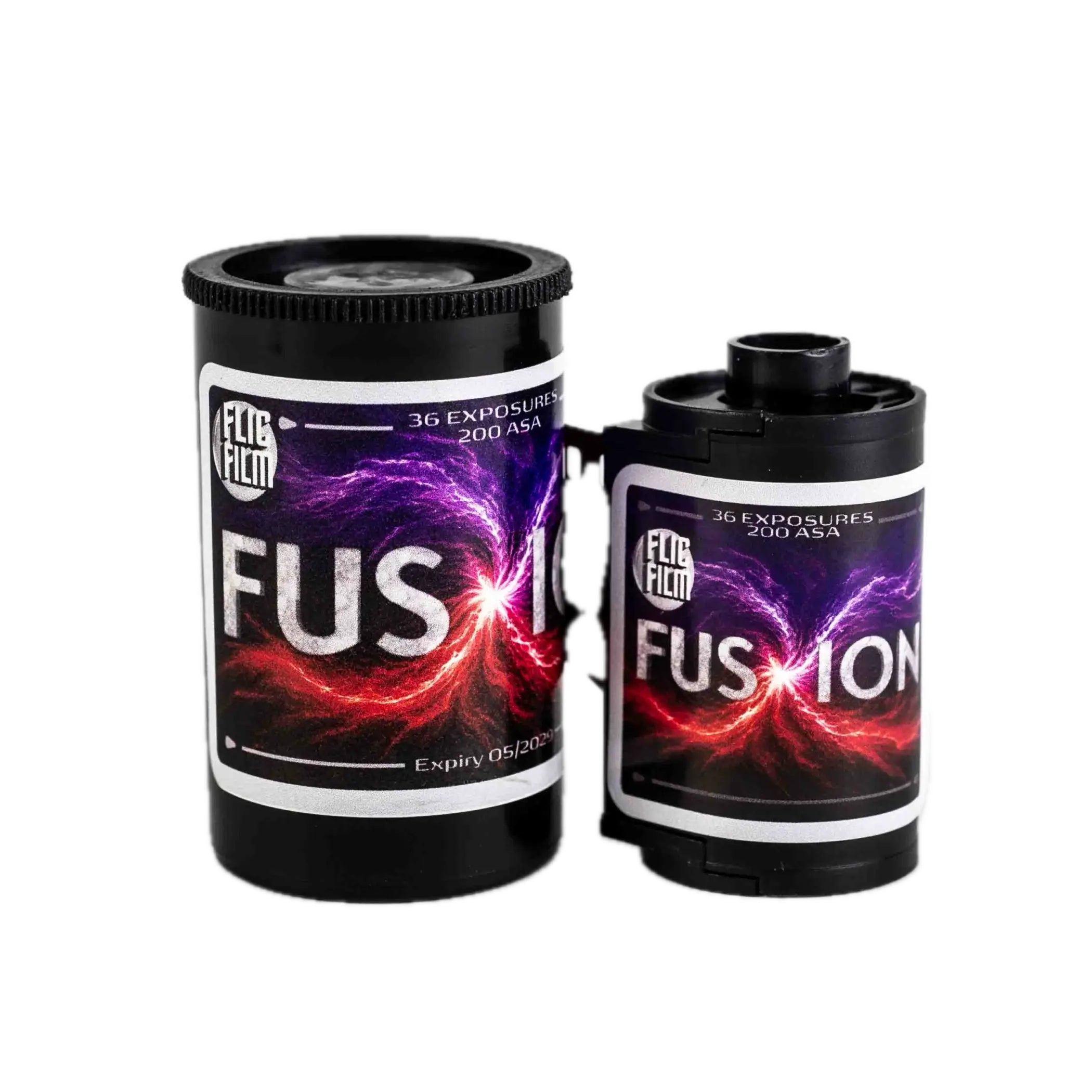 Black cylindrical film canisters with vibrant purple and red fusion design from flic film fusion 200 iso 35mm color negative film with impressive dynamic range and true-to-life natural colors