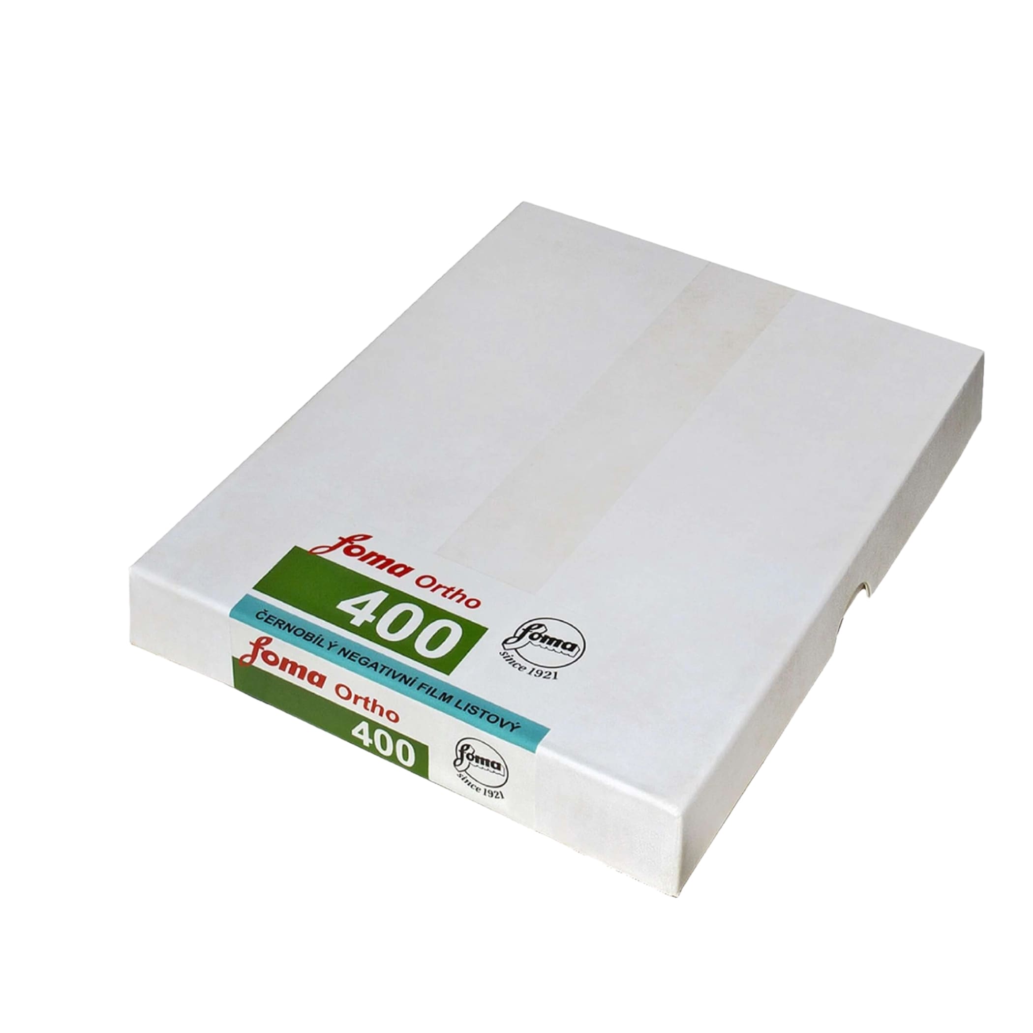 White cardboard box of foma ortho 400 black-and-white photographic film.