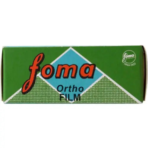 Foma Ortho Black and White 400 ISO 120 Film packaging showcasing vibrant green and blue design.