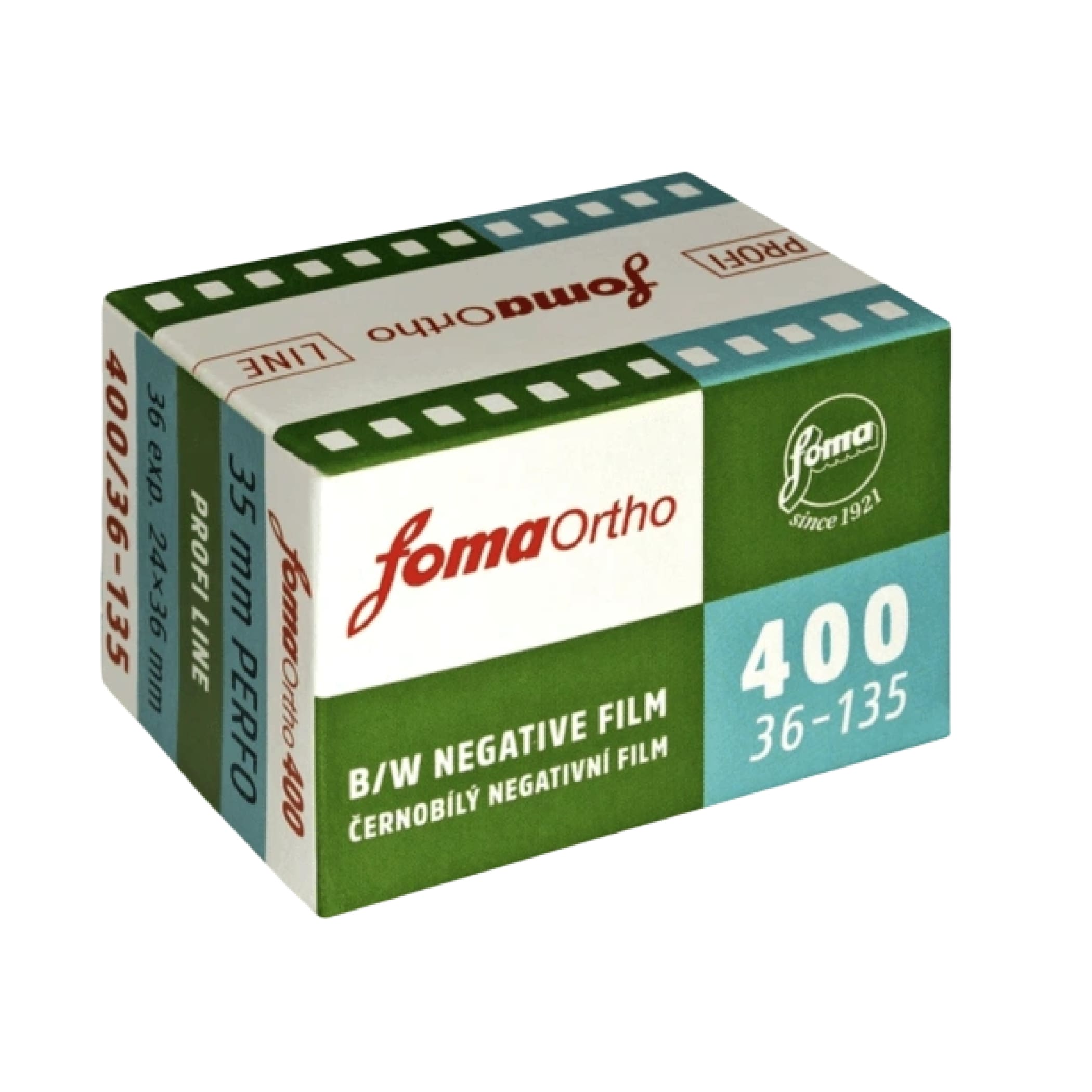 Green and white box of foma ortho 400 b/w negative film.