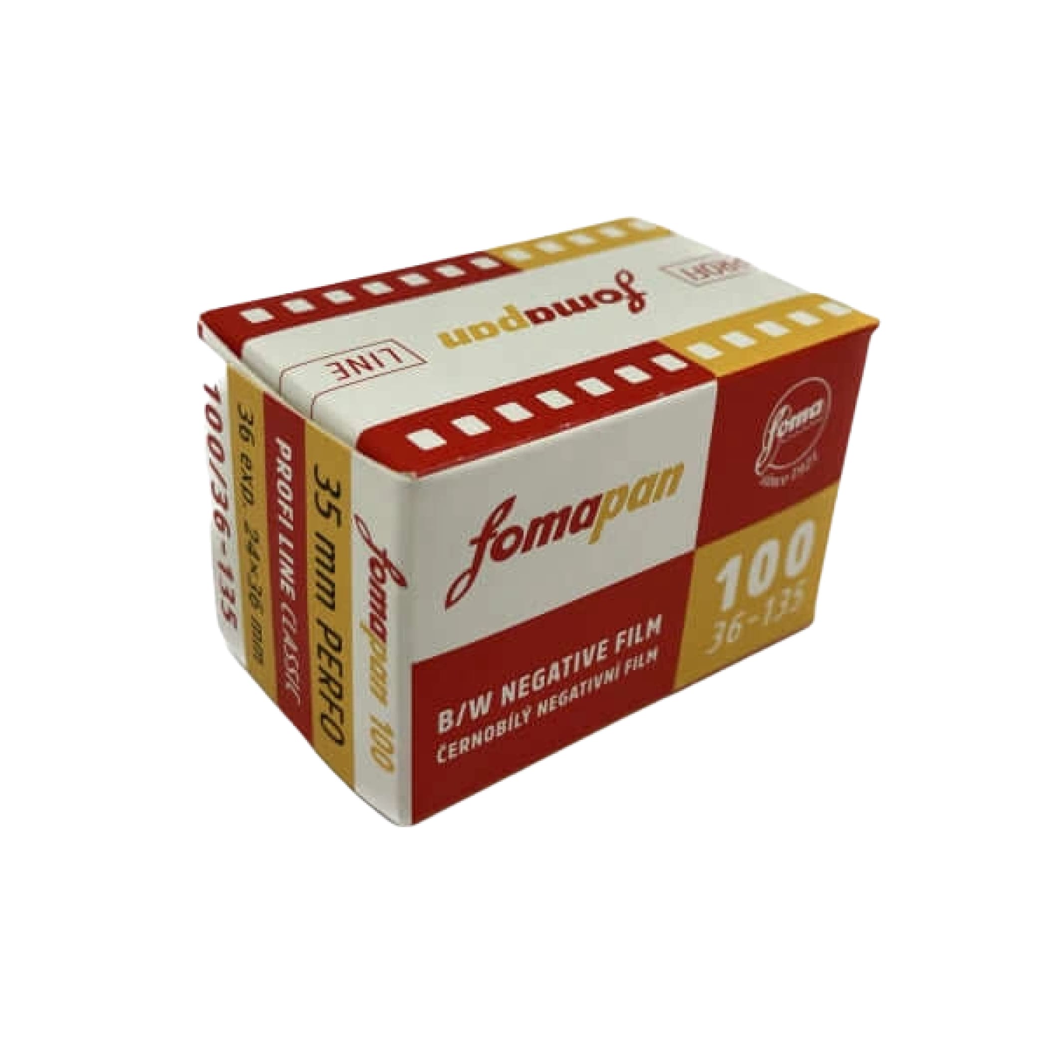 Red and white fomapan 100 b/w negative film box with yellow accents.