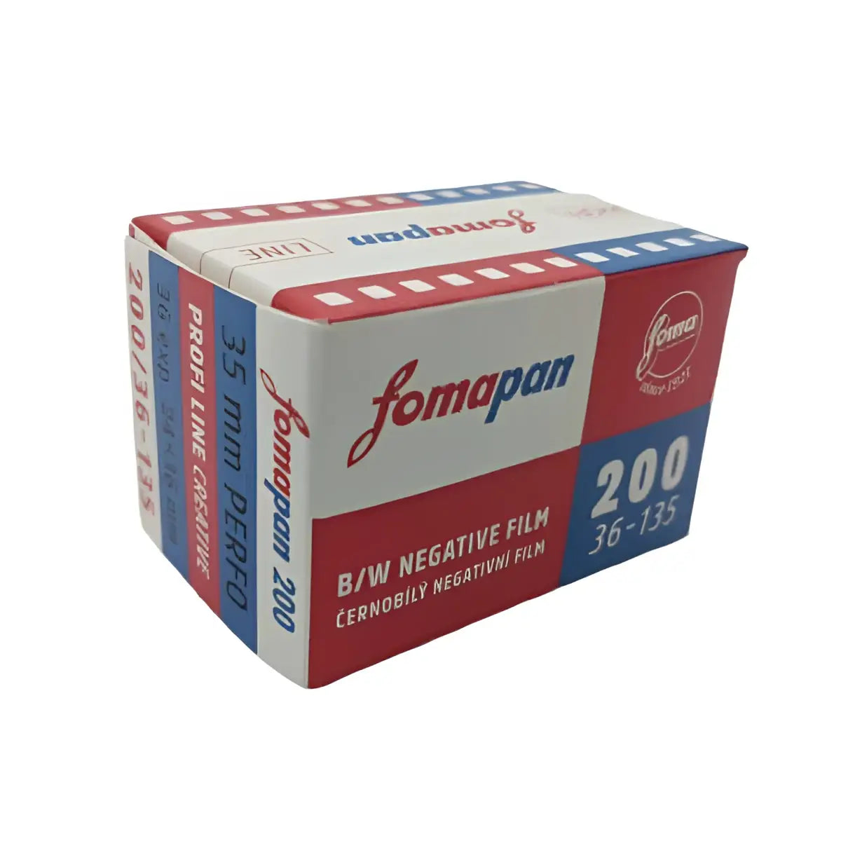 Red, white, and blue cardboard box of fomapan 200 black-and-white negative film.