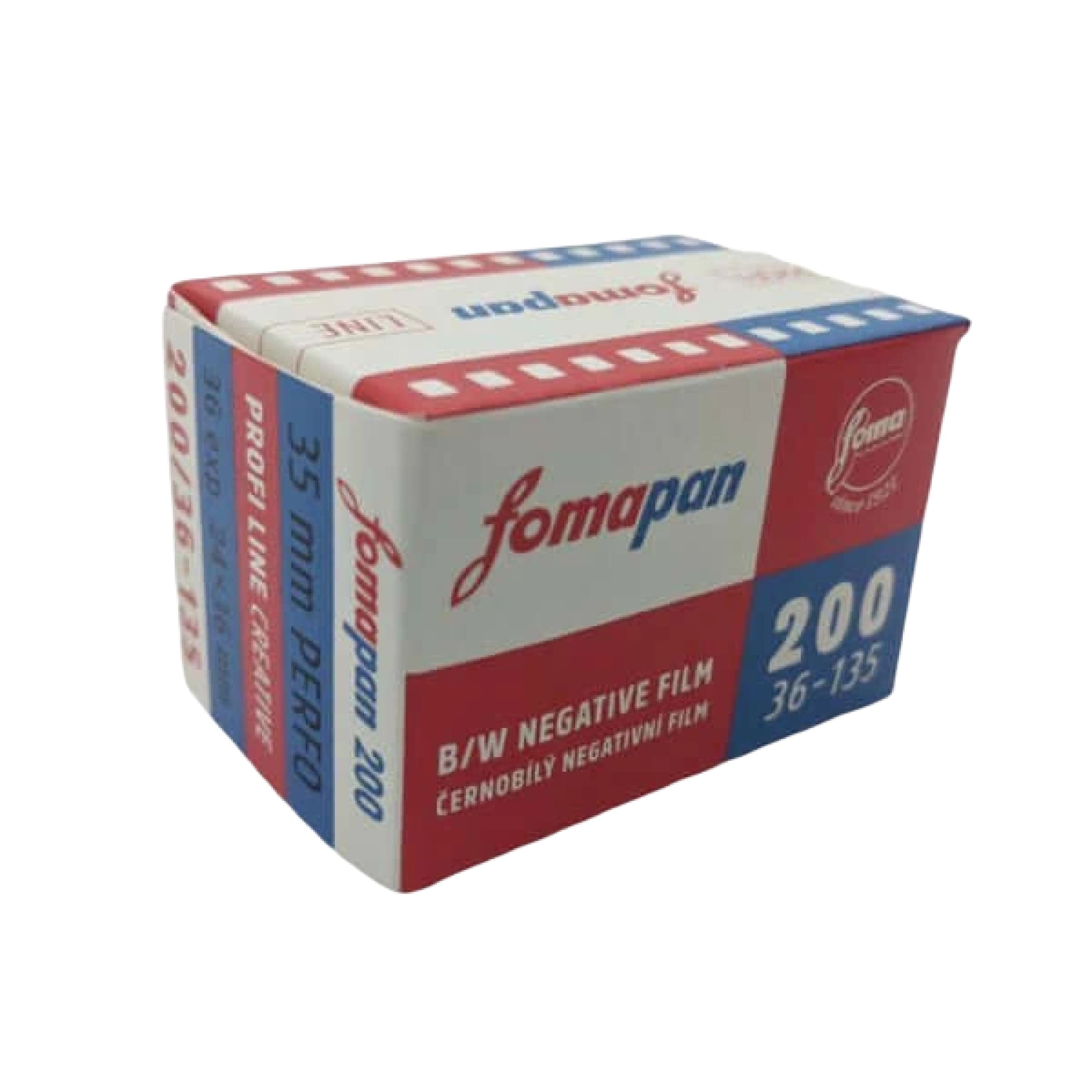 Red, white, and blue cardboard box of fomapan 200 black-and-white negative film.