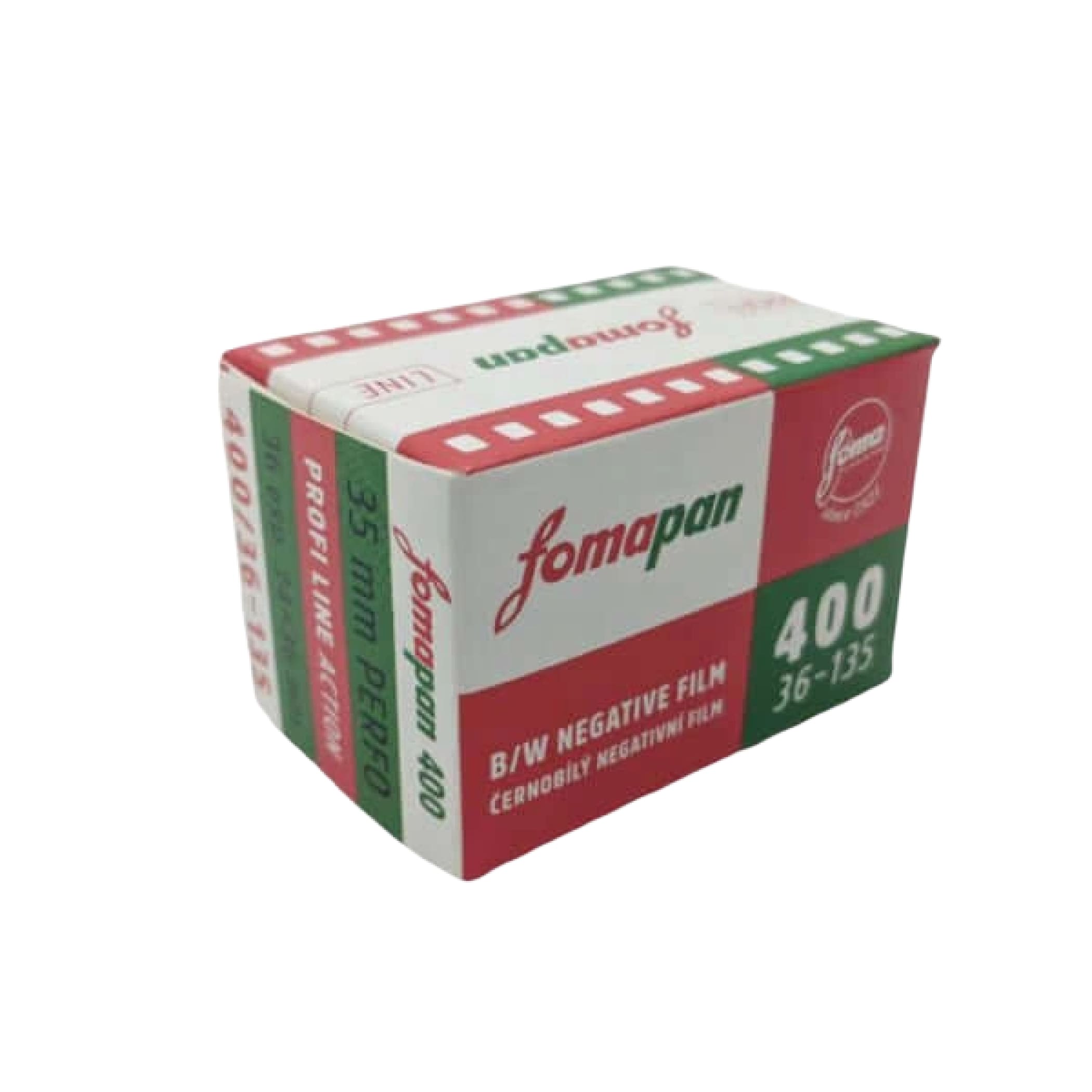 Red, white, and green cardboard box of kodak fomapan 400 b/w negative film.