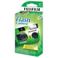 Fujifilm quicksnap flash camera in green and black packaging with a compact, instant film camera design.