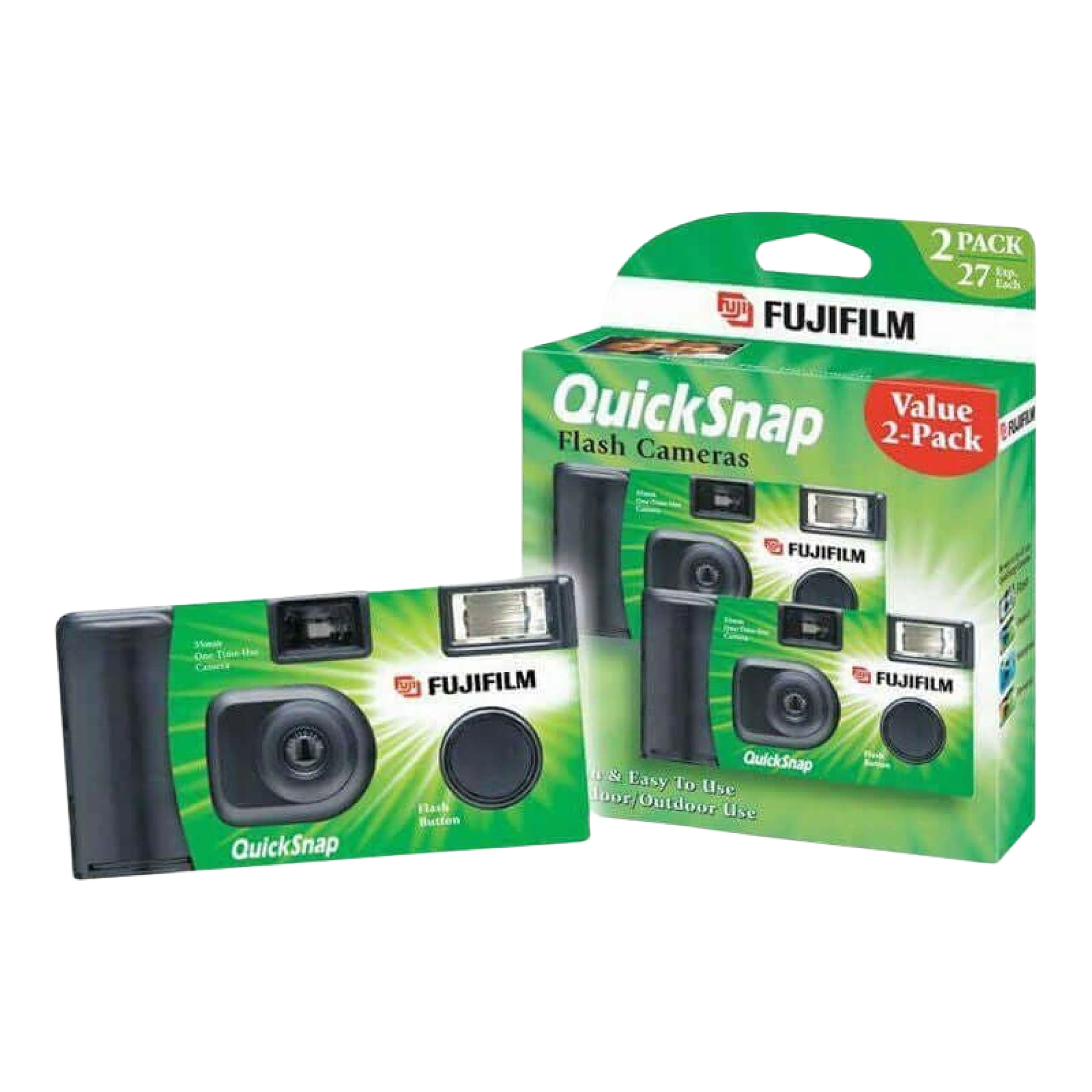 Green and black fujifilm quicksnap flash camera.