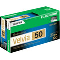 Green and blue box of fujifilm velvia 50 color reversal film for daylight use.