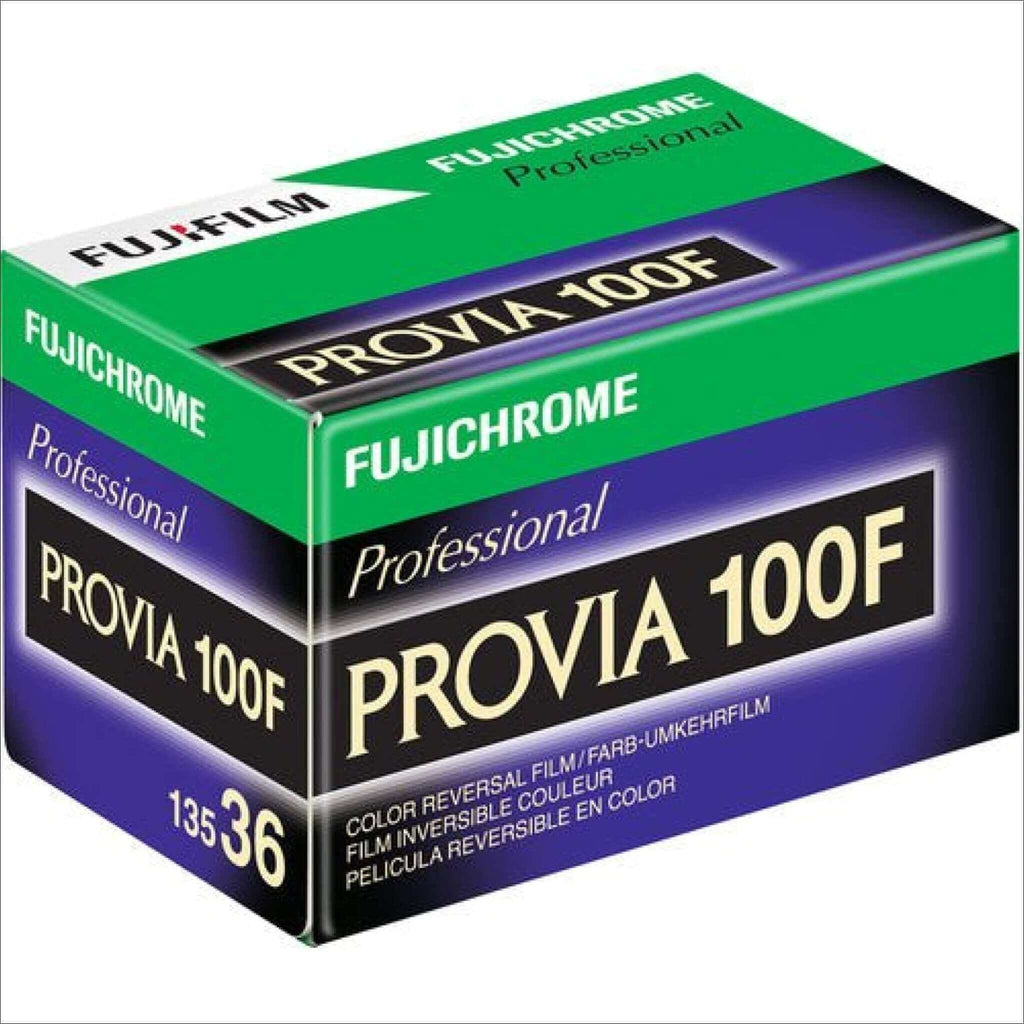 Fujifilm provia 100f color reversal film in a green and purple box.