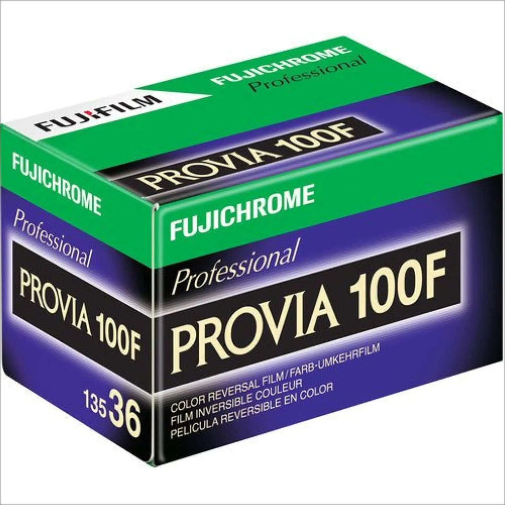 Fujifilm provia 100f color reversal film in a green and purple box.