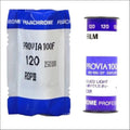 Fujichrome provia 100f film roll in blue and white packaging, labeled with iso 100 sensitivity.