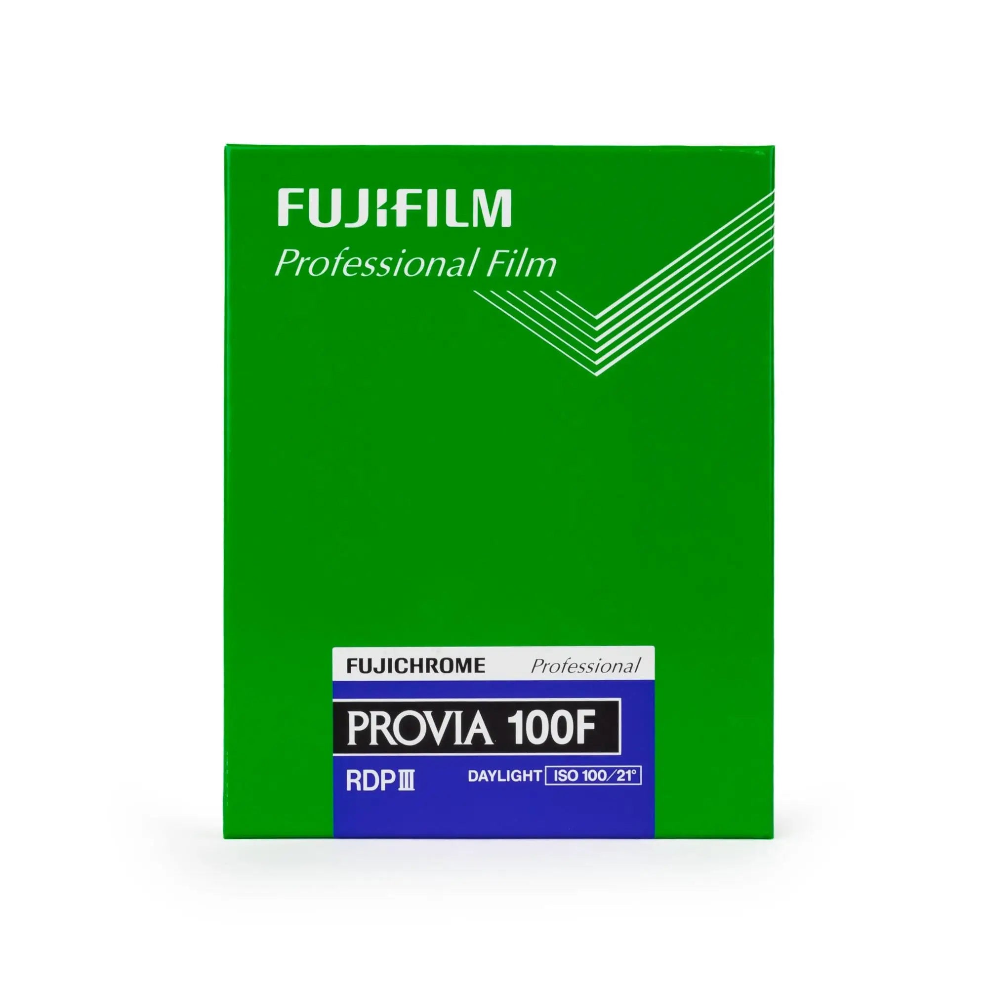 Fujifilm provia 100f color transparency film in vibrant green box with daylight-balance color transparency and c6r process super-fine