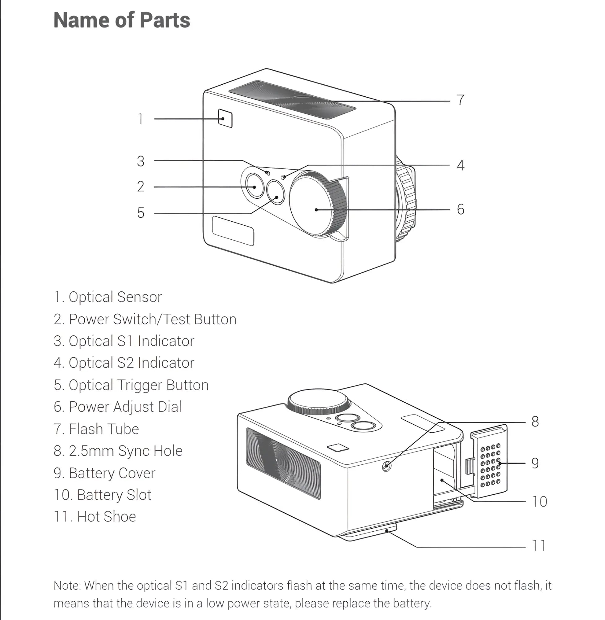 White plastic camera flash unit with a solar panel on top and an adjustable dial for power settings