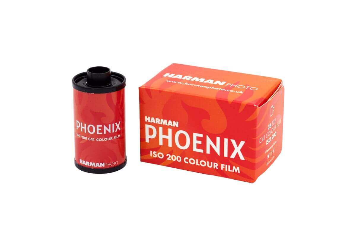 Harman Phoenix 200 ISO Color C41 35mm film canister and box, high contrast and grainy analog film.