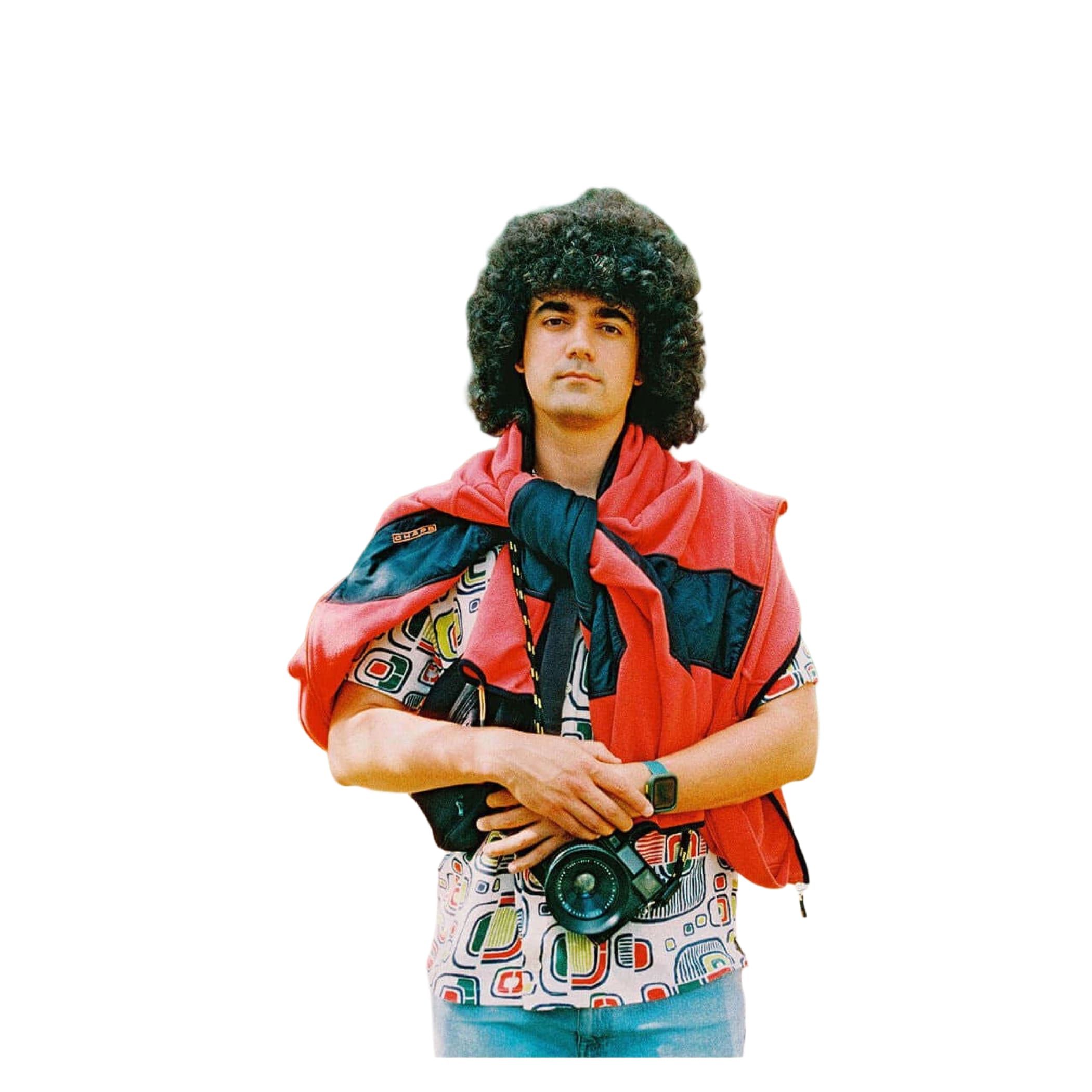 A black camera with a prominent lens, worn around the neck on a strap.