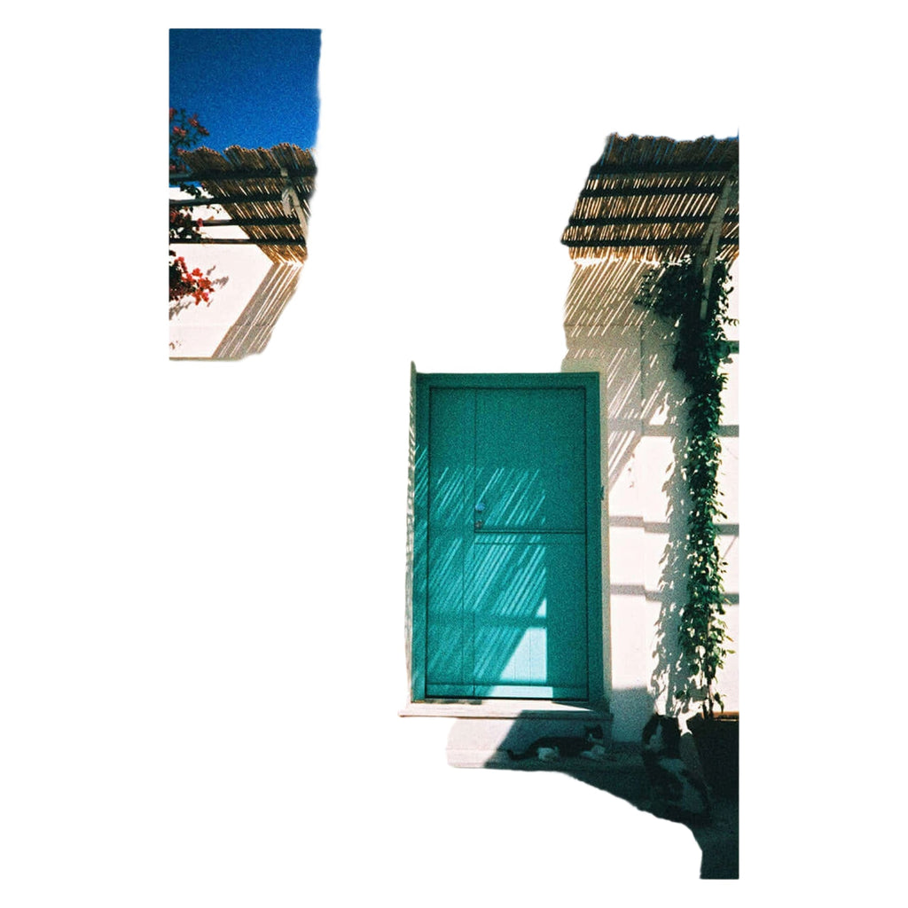 A vibrant teal-colored door with a simple rectangular design and vertical paneling, set within a white-walled entrance under a thatched roof.