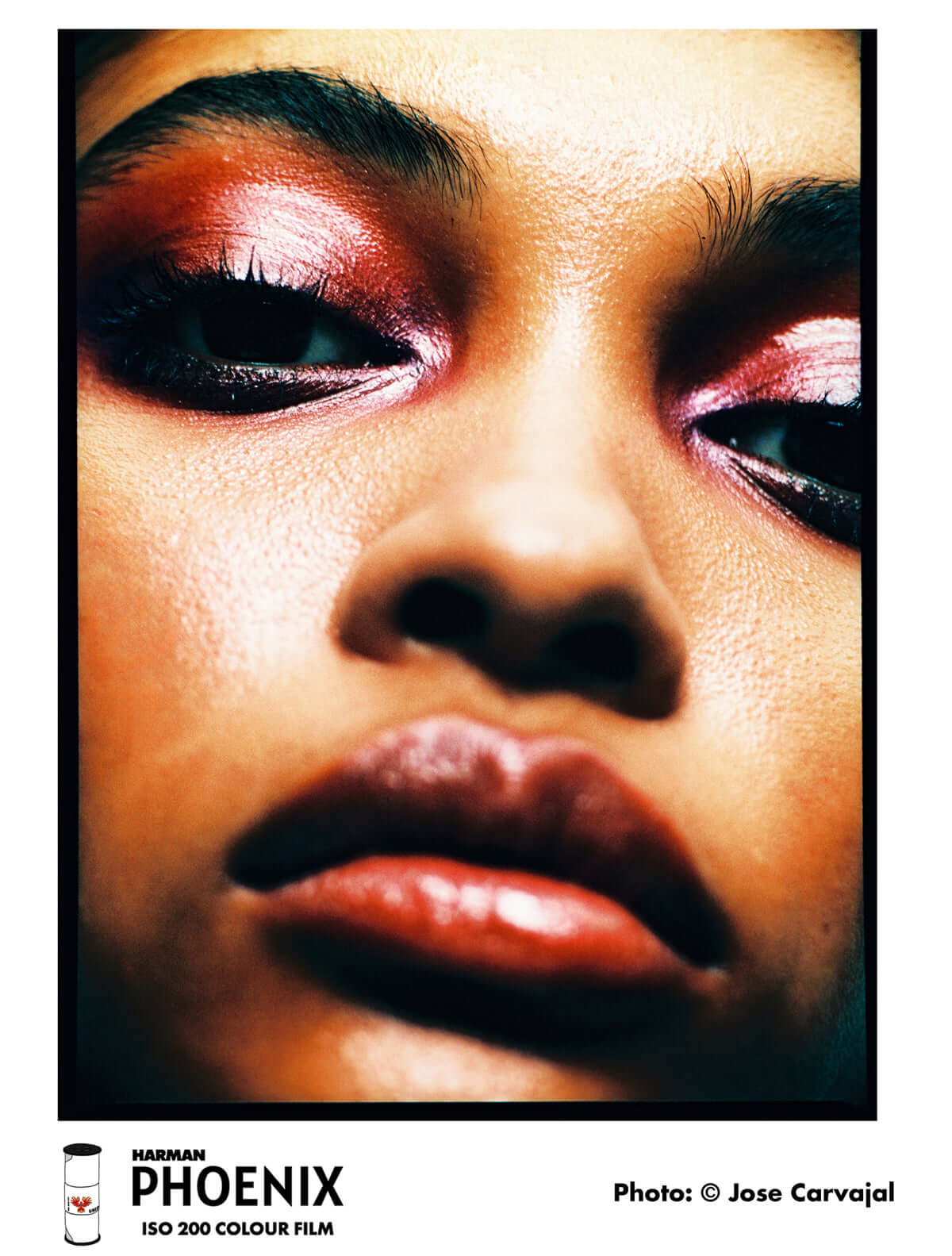 Close-up of model with vibrant makeup, showcasing HARMAN Phoenix 200 ISO Color Film's bold colors and contrast.