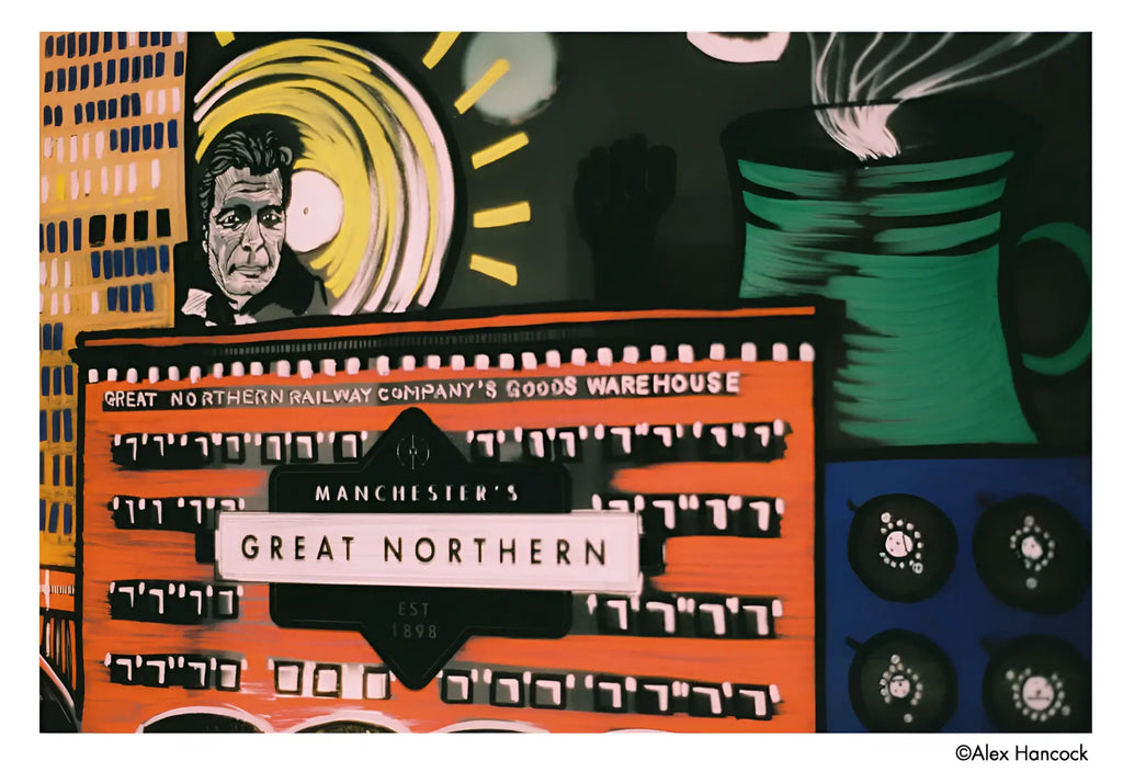 Orange and black illustrated sign for manchester’s great northern railway company’s goods warehouse, featuring bold lettering and stylized graphics.