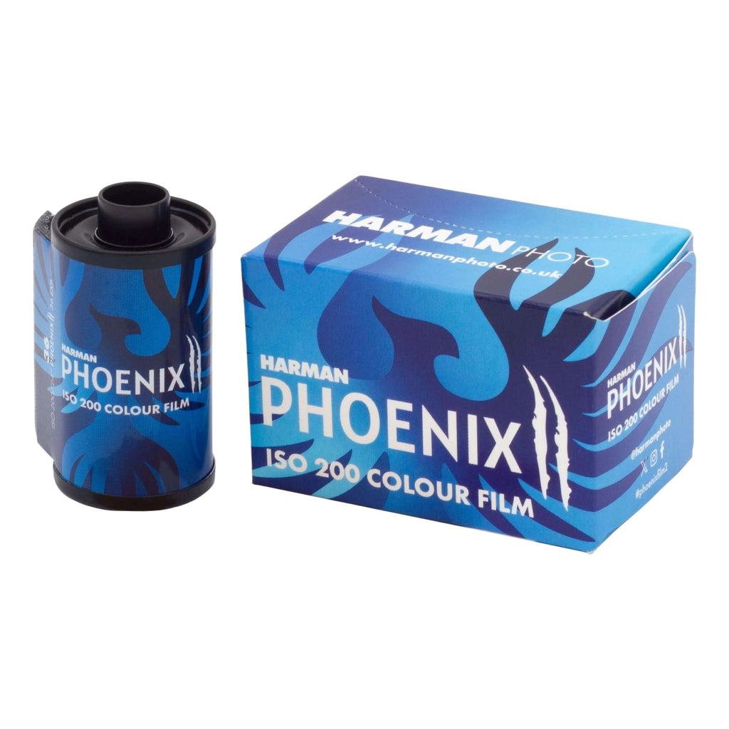 Blue and black harman phoenix iso 200 colour film roll with a matching branded box featuring flame-like designs.