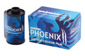 Blue and black harman phoenix iso 200 colour film roll with a matching branded box featuring flame-like designs.