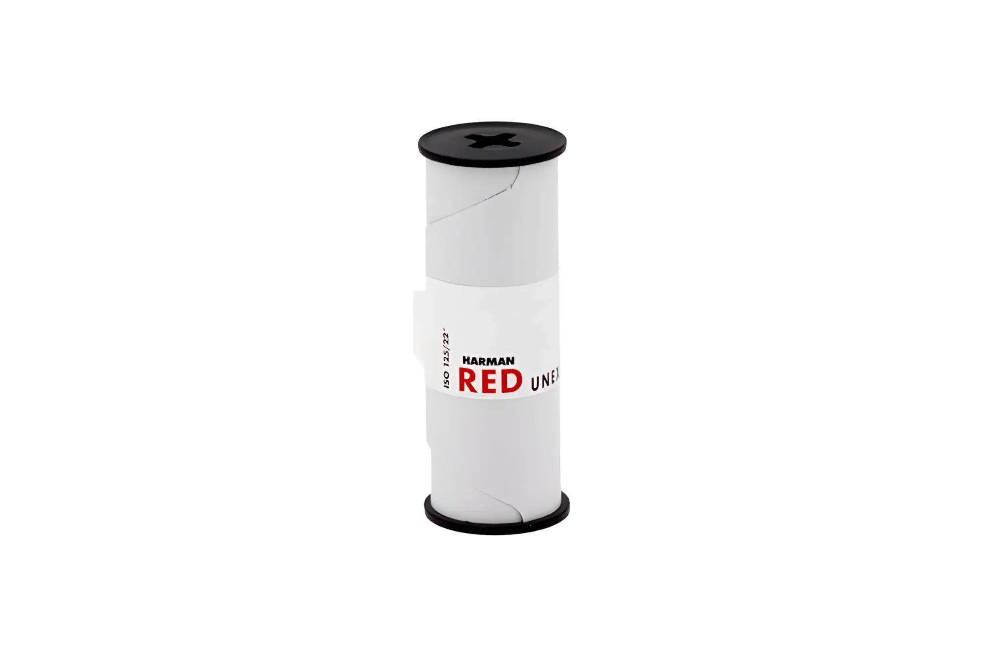 White cylindrical spool with black caps and a red ’harman red’ label, featuring the model number iso 123/722.