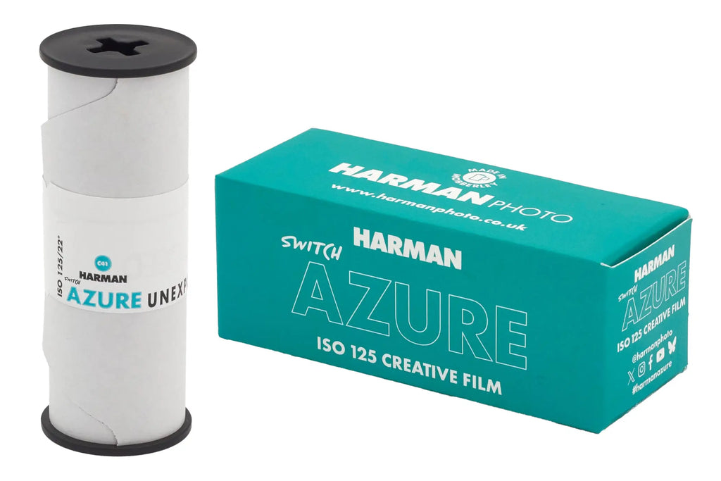 Harman azure iso 125 creative film in a white spool with black caps and teal packaging.
