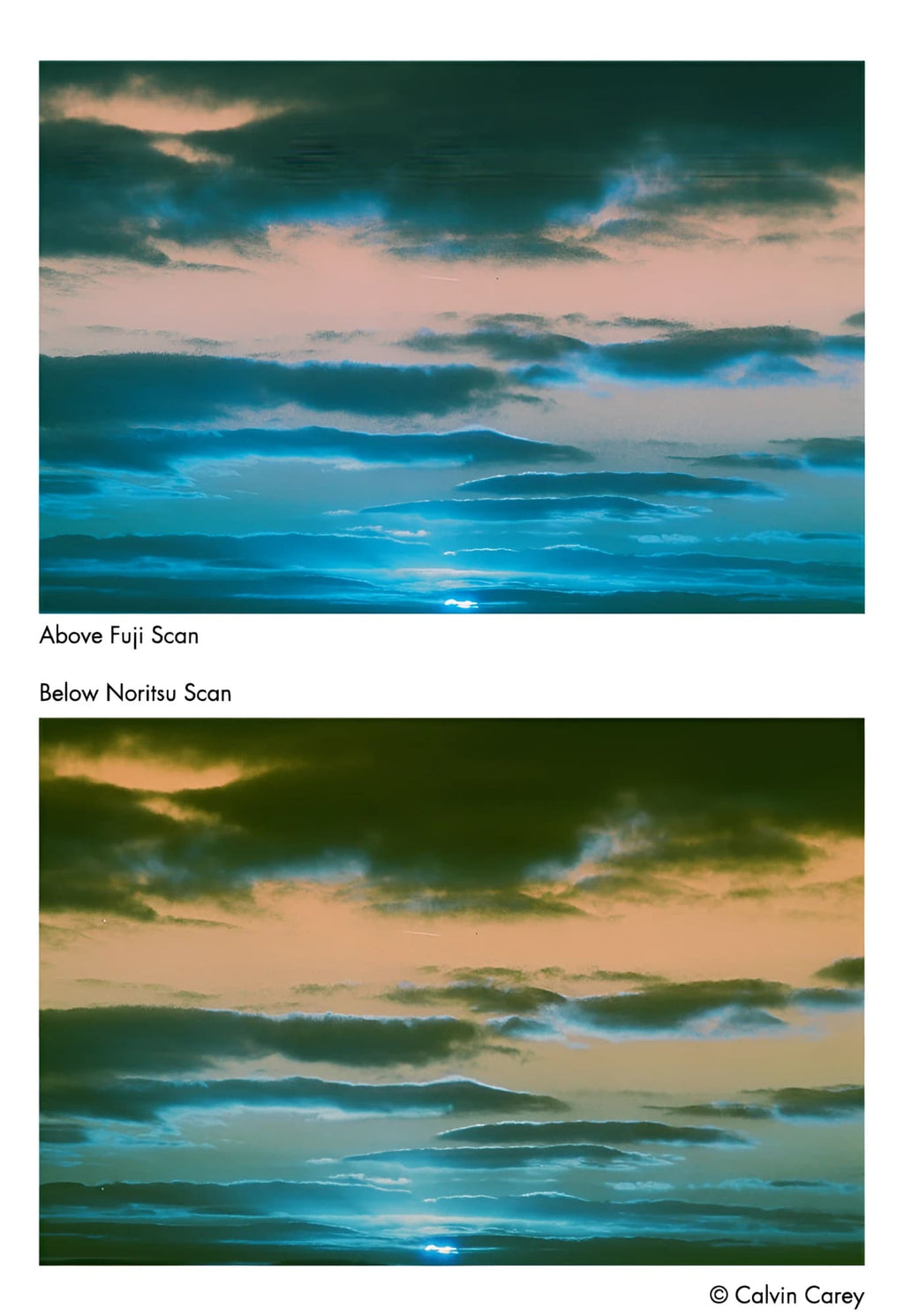 The image displays two distinct sky scans, one labeled ’above fuji scan’ and the other ’below noritsu scan,’ each capturing a dramatic sunset with layered clouds in hues of teal blue, pink, orange, and dark green.