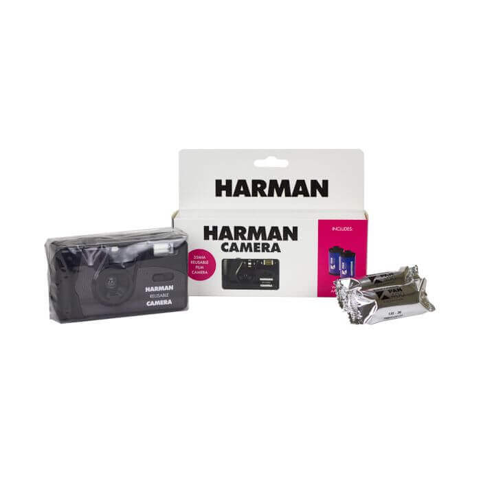 Harman camera product package with camera and accessories.