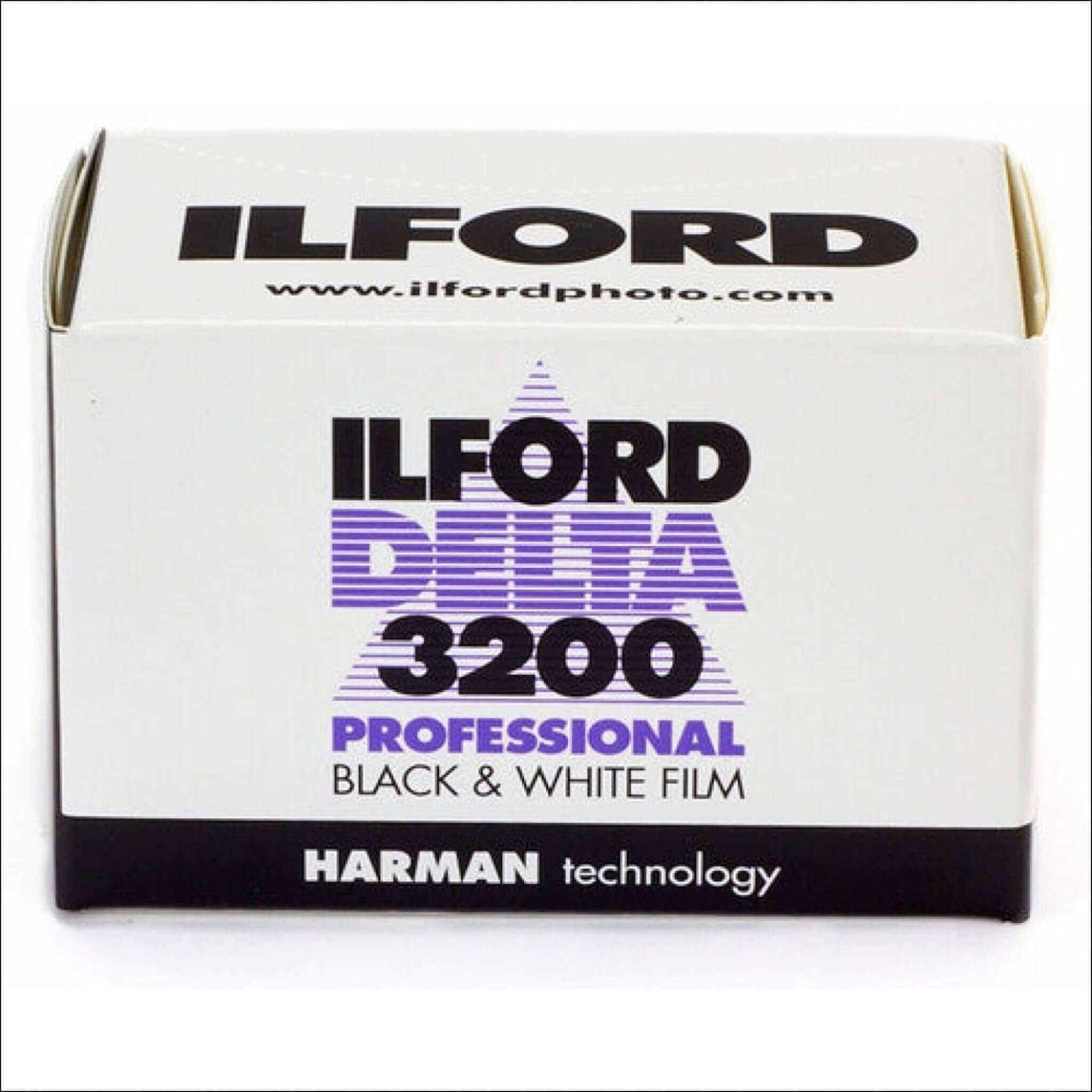 White cardboard box of ilford delta 3200 professional black & white film with purple and black branding.