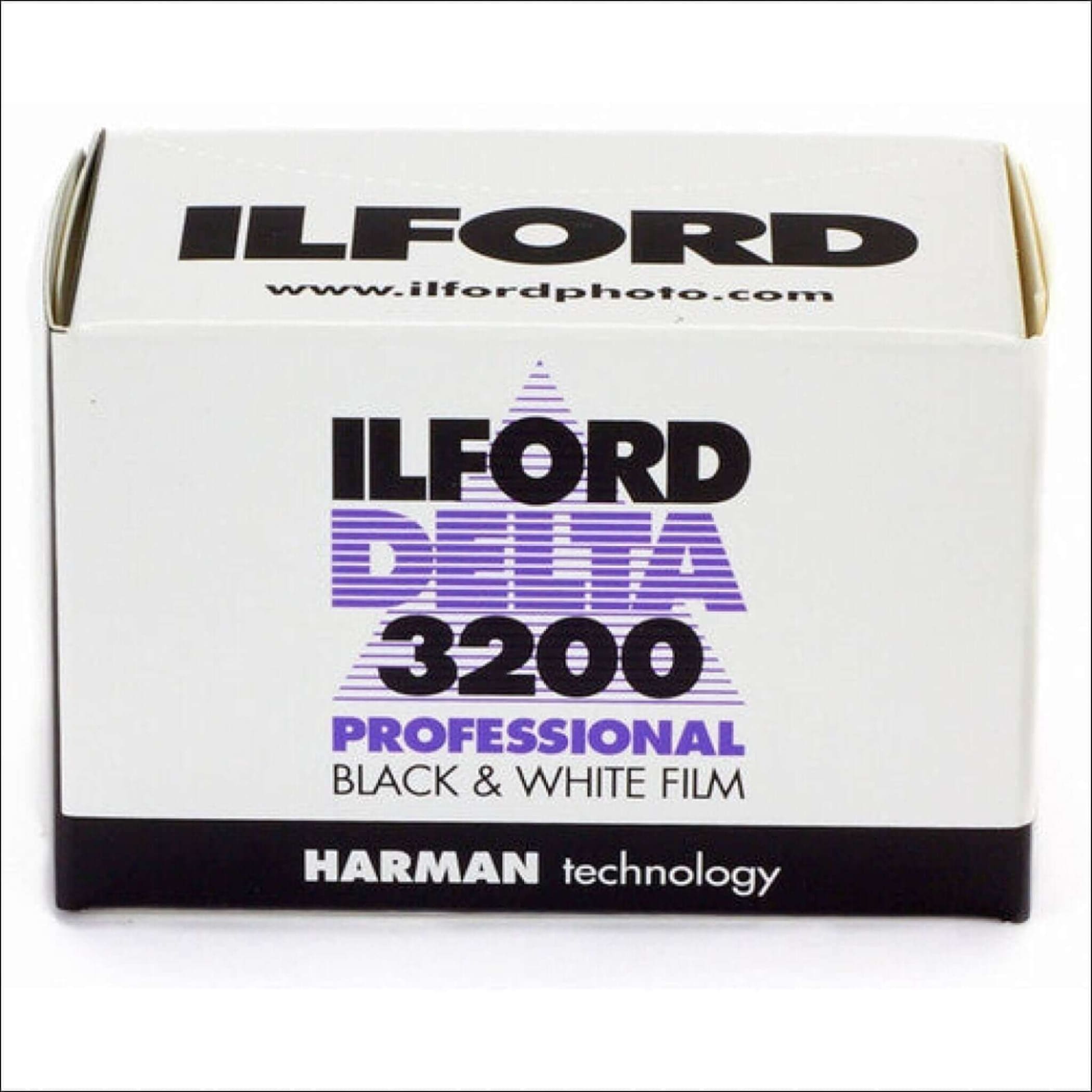 White cardboard box of ilford delta 3200 professional black & white film with purple and black branding.
