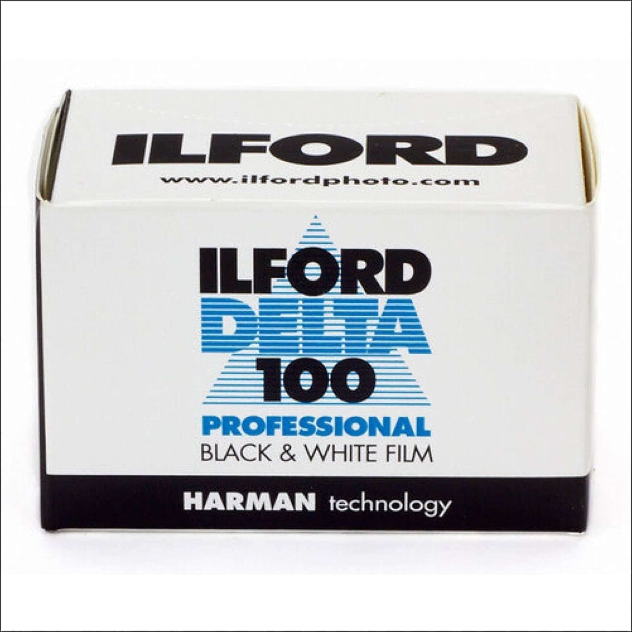 White cardboard box of ilford delta 100 professional black & white film with blue and black branding.