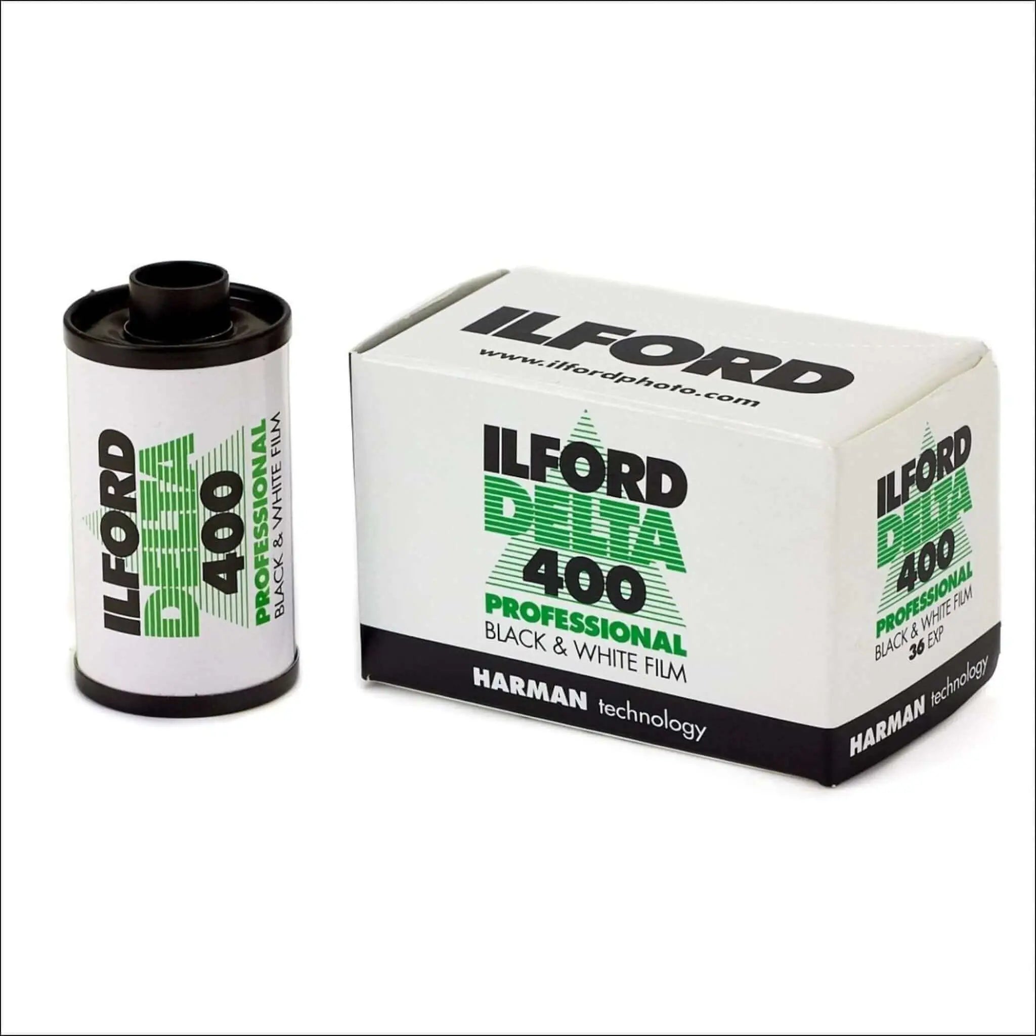 Ilford delta 400 professional black & white film roll in a white and green box with harman technology branding.