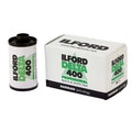 Ilford delta 400 professional black & white film roll in a white and green box with harman technology branding.