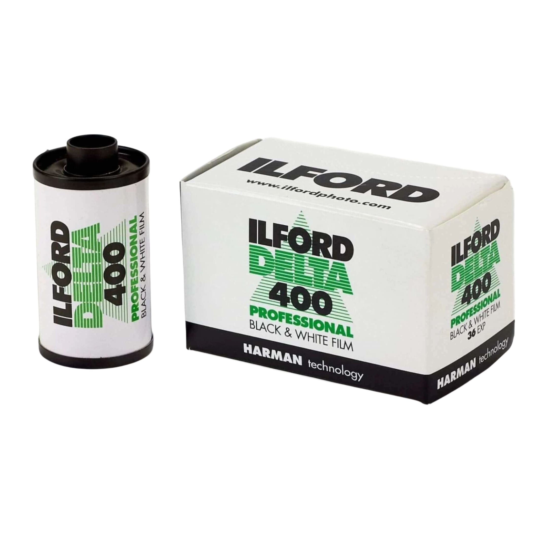 Ilford delta 400 professional black & white film roll in a white and green box with harman technology branding.