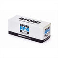 White cardboard box of ilford fp4 plus black and white film, featuring bold blue and black branding with ’harman technology’ printed on the side.
