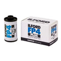 Ilford fp4 plus 125 black and white film roll in a white box with blue and black branding.