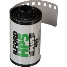 Ilford HP5 Plus 400 medium format film roll, silver and green label