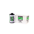 Ilford hp5 plus 400 black and white film in a cylindrical canister with green and black labeling next to its matching white box.