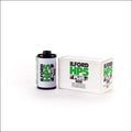Ilford hp5 plus 400 black and white film in a cylindrical canister with green and black labeling next to its matching white box.