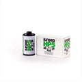 Ilford hp5 plus 400 black and white film in a cylindrical canister with green and black labeling next to its matching white box.