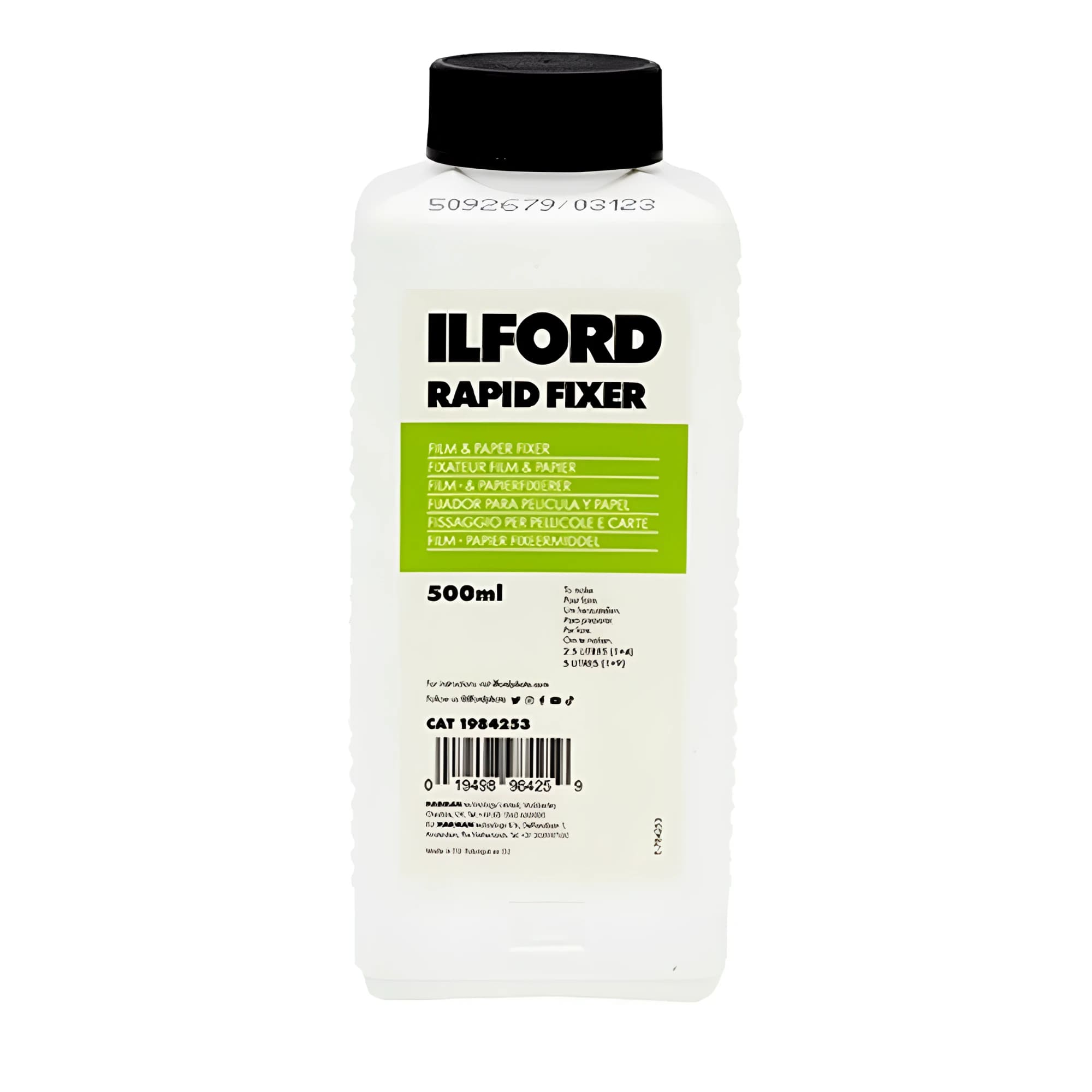 White plastic bottle with black cap, labeled ’ilford rapid fixer’ in bold black text on a green rectangular background.