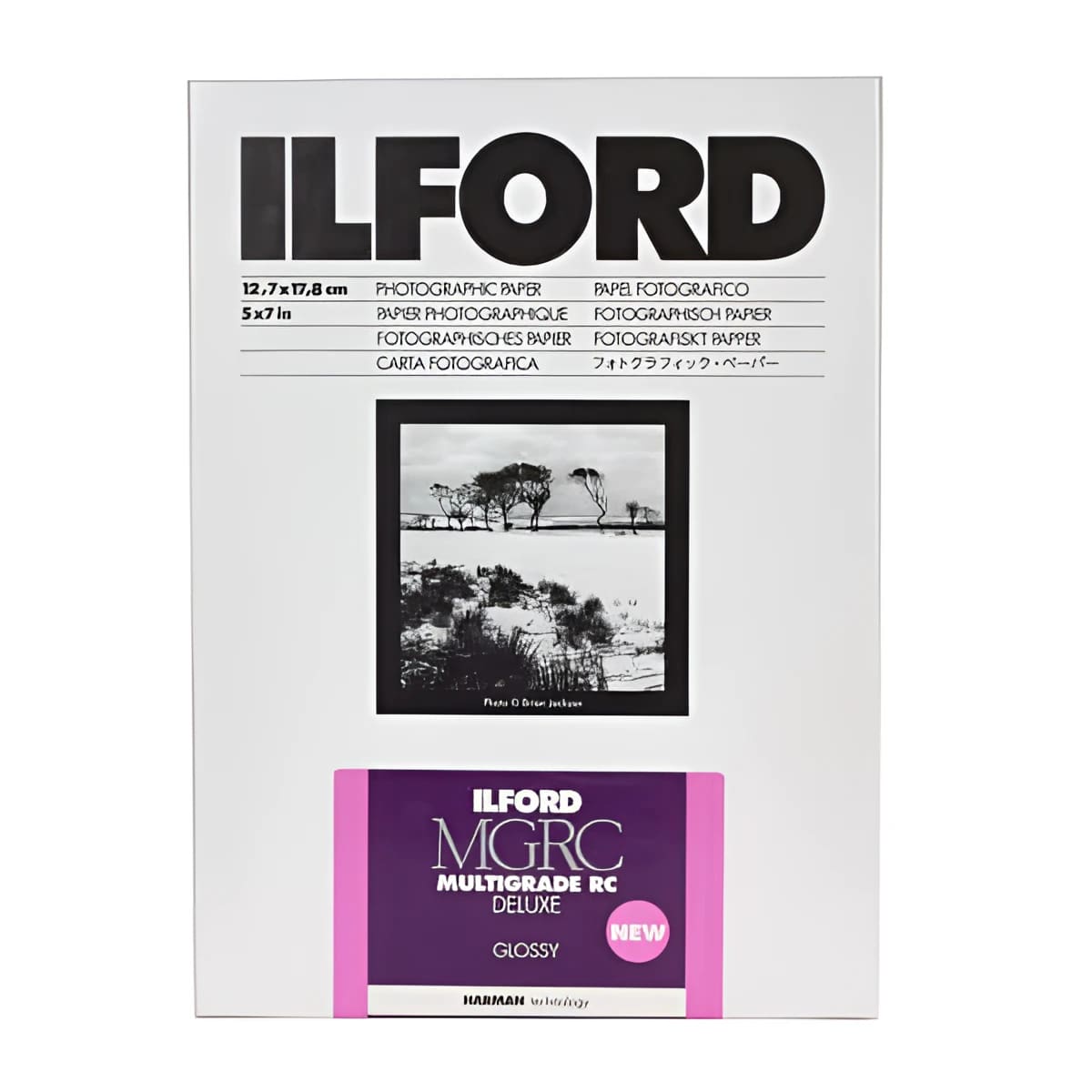 Ilford mgrc multigrade rc deluxe glossy photographic paper, 12.7 x 17.8 cm (5x7 in), featuring a sleek white packaging with bold black and vibrant pink accents for the new edition label