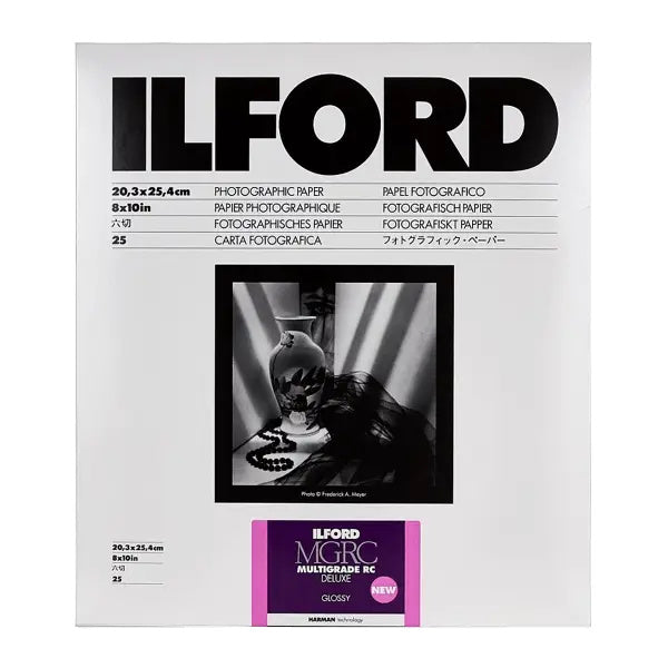 Ilford mgrc deluxe glossy photographic paper, 8x10in, in a white packaging with black text and purple branding.