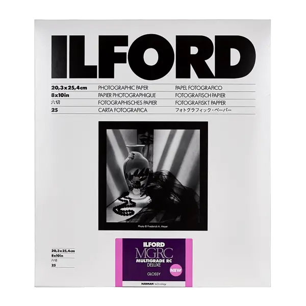 Ilford mgrc deluxe glossy photographic paper, 8x10in, in a white packaging with black text and purple branding.