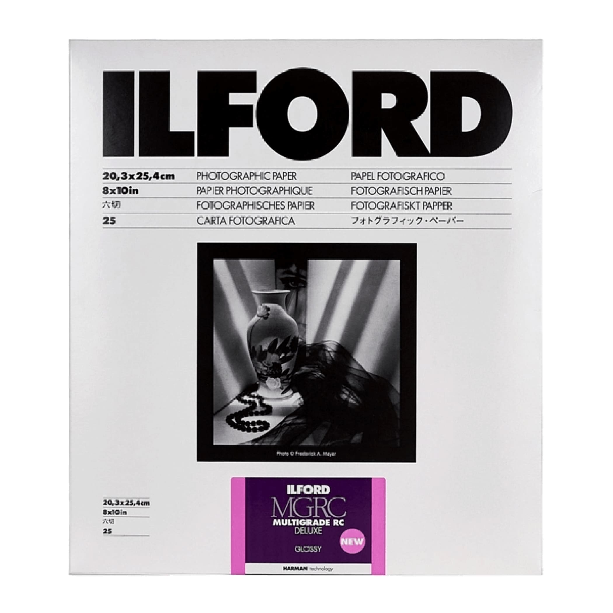 Ilford mgrc deluxe glossy photographic paper, 8x10in, in a white packaging with black text and purple branding.