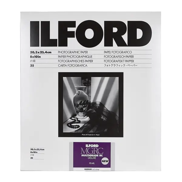 Ilford mgrc multigrade rc deluxe pearl photographic paper, 20.3x25.4cm (8x10in), featuring a black-and-white image of an ornate vase with floral patterns and draped fabric under dramatic