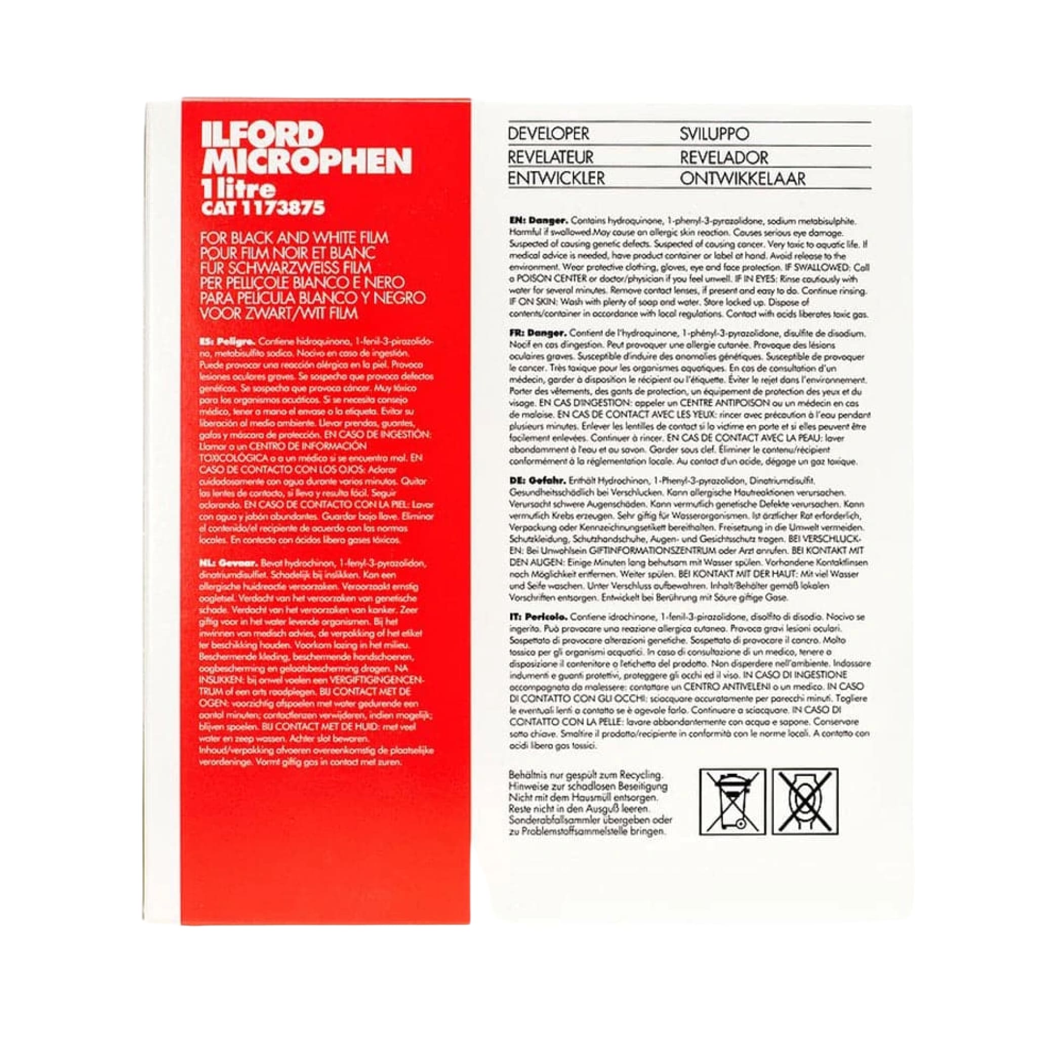 Ilford microphen 1 litre cat 1173875 black and white film in a red cardboard box.