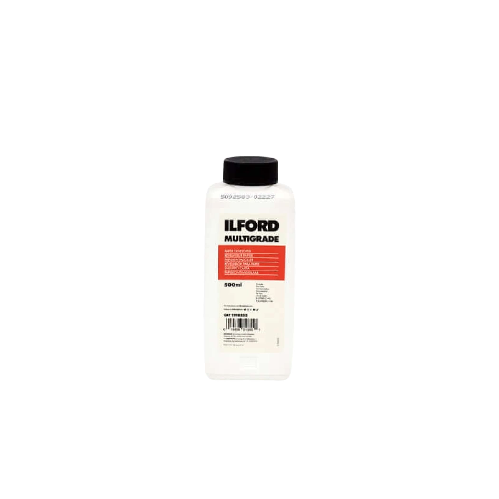 White plastic bottle with black cap and red label, labeled ’ilford multigrade 500ml’.